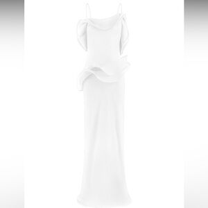Elegant White Ruffle-Detail Evening Dress